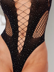 Lattice Front & Back Long Sleeve Rhinestud Bodysuit