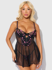Harlow Embroidered Mesh & Elastic Longline Babydoll